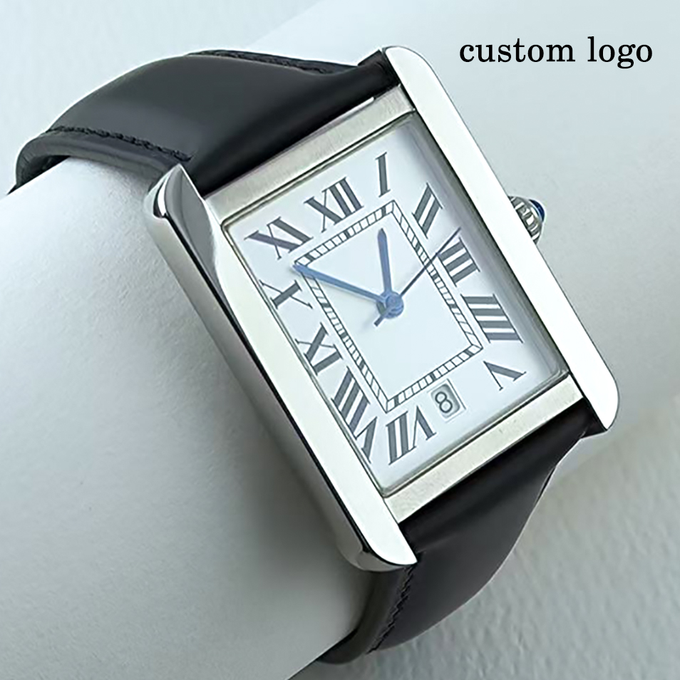 Cartier Watch Tank - 高品質クォーツムーブメント搭載、メンズ腕時計、ステンレススチール製スクエア型、ローマ数字、DIYカスタムロゴ、日付表示窓
