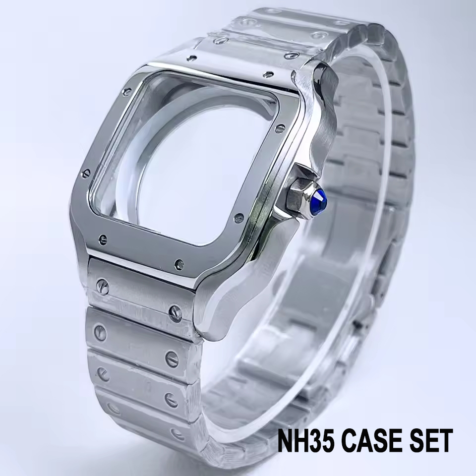 Cartier Watch Santos - 38mm NH35ケース、316Lポリッシュ仕上げのステンレススチール製。カルティエ・サントスのスクエアケースに適合する高品質ケースキット。NH35/36/4R35/36ムーブメントに対応。